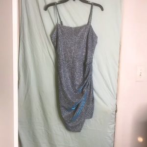 Midi dress, silver and baby blue, with spaghetti straps.